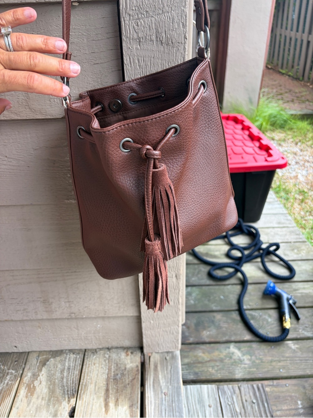 American Eagle Western Inspired Brown Tassel Drawstring Bucket Bag